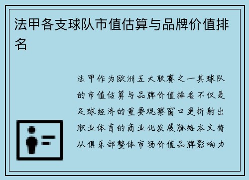 法甲各支球队市值估算与品牌价值排名