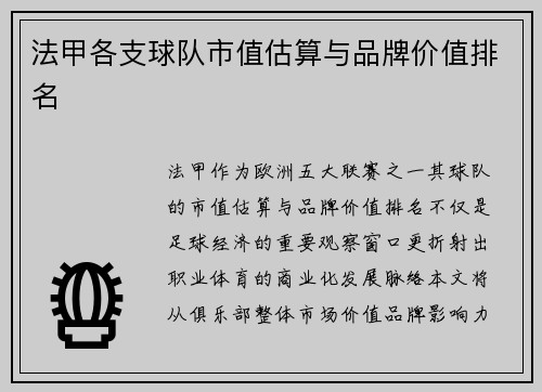 法甲各支球队市值估算与品牌价值排名